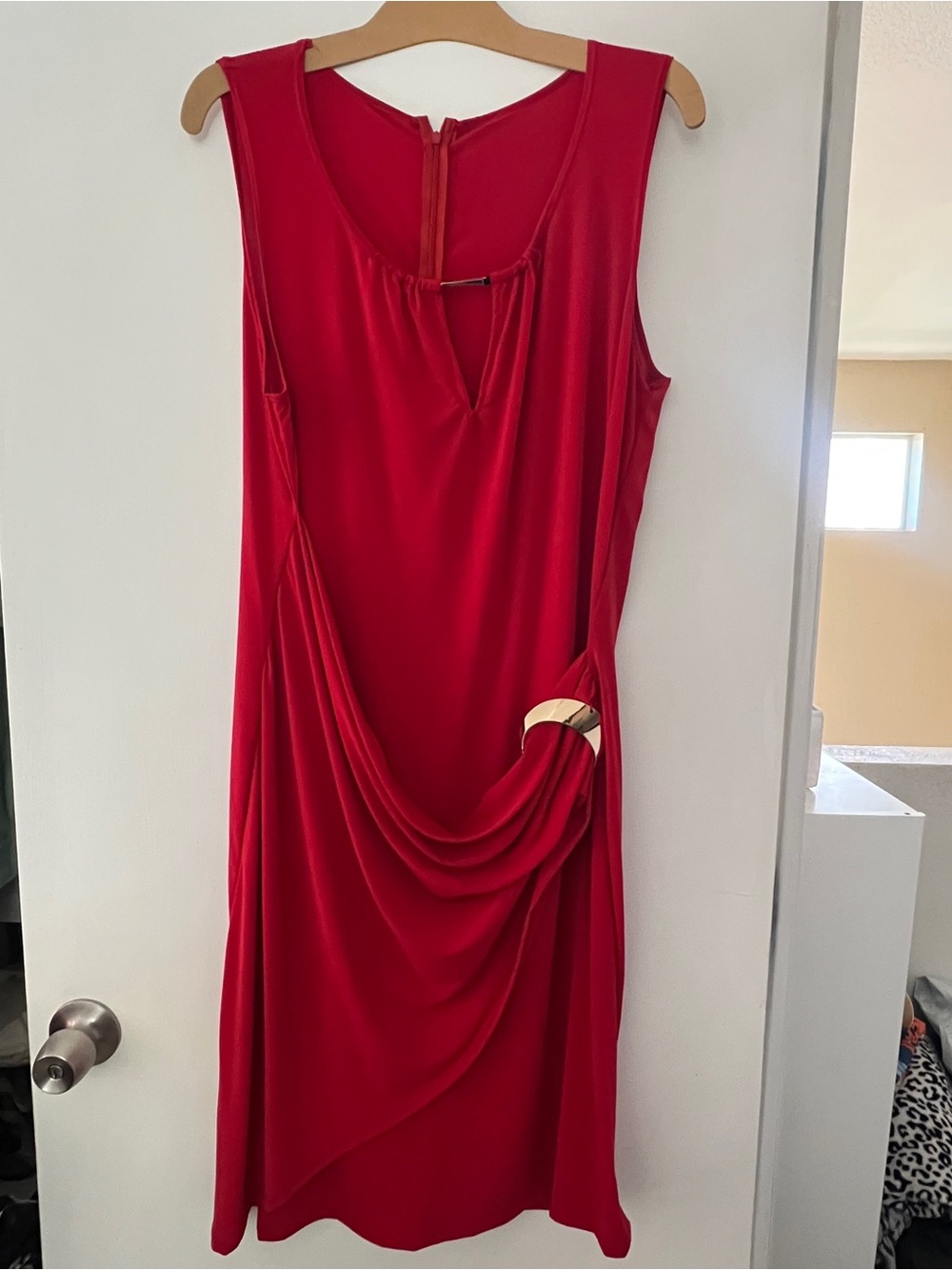 Sleeveless Red Midi Dress with Gold Accent Detail